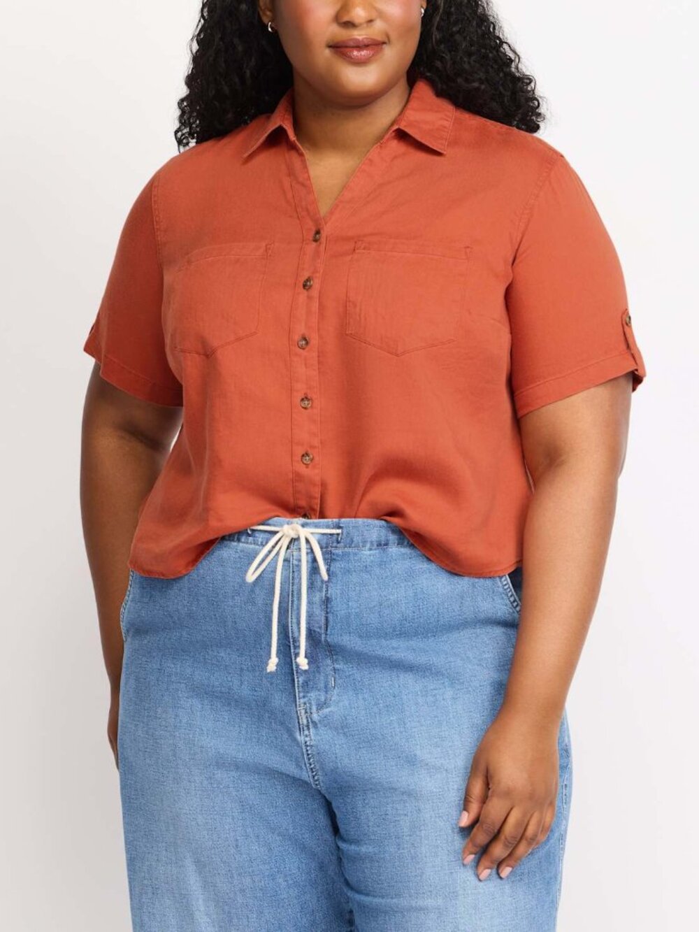Market & Spruce Kadie Linen Blend Cropped Button Shirt Burnt Orange Plus 2X